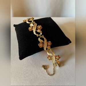 Vintage "Coro" Gold Tone & Amber Rhinestone Flower & Leaf Bracelet, Signed